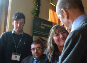 HRH The Duke of Kent with Mrs Jayne Moore of Fillongley Village Hall and Young Farmers Mr Stephen Kelsey and Mr Lucas Bettridge